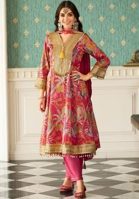 Pink Printed Silk Anarkali Set