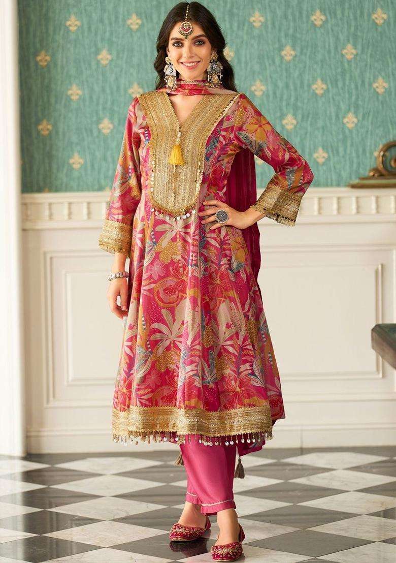 Pink Printed Silk Blend Anarkali Set - Indya