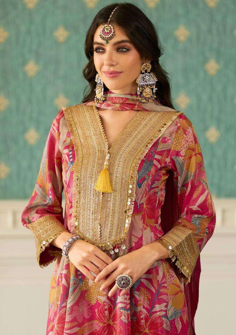 Pink Printed Silk Blend Anarkali Set - Indya