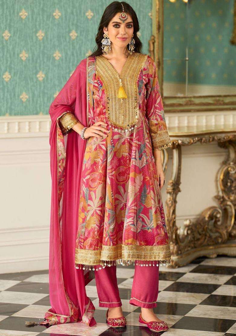 Pink Printed Silk Blend Anarkali Set - Indya