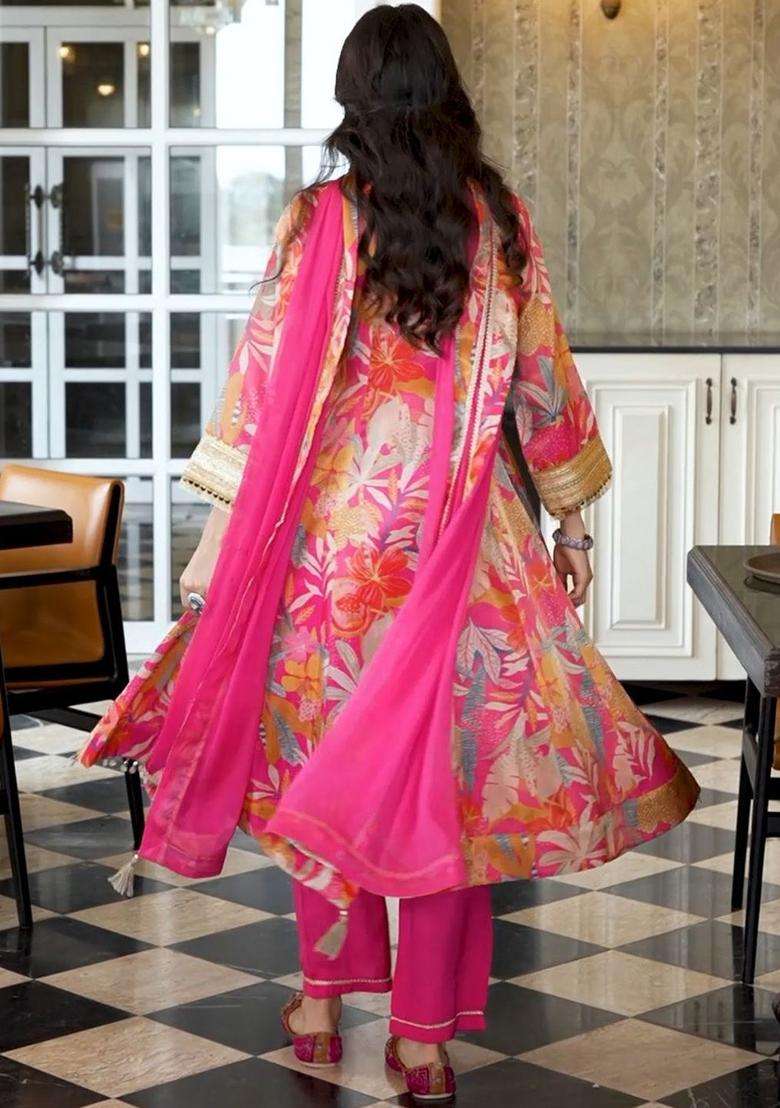 Pink Printed Silk Blend Anarkali Set - Indya