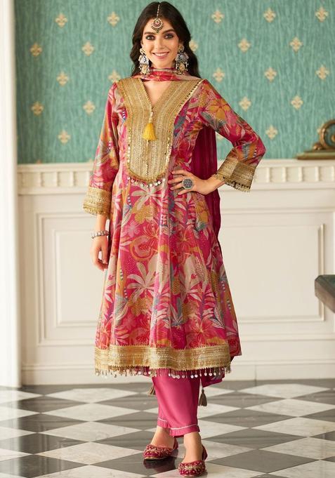 Pink Printed Silk Anarkali Set — view on Indya