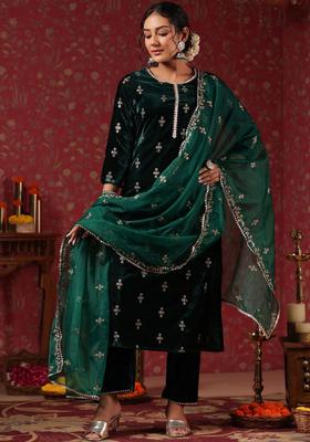 Green Embroidered Velvet Kurta Set