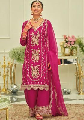 Fuchsia Embroidered Organza Kurta Set