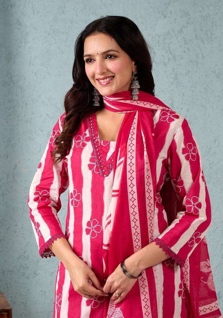 Pink Striped Cotton Kurta Set - Indya