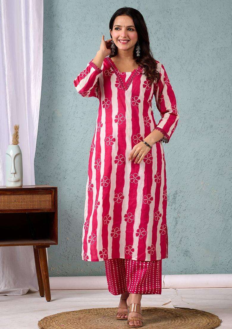 Pink Striped Cotton Kurta Set - Indya