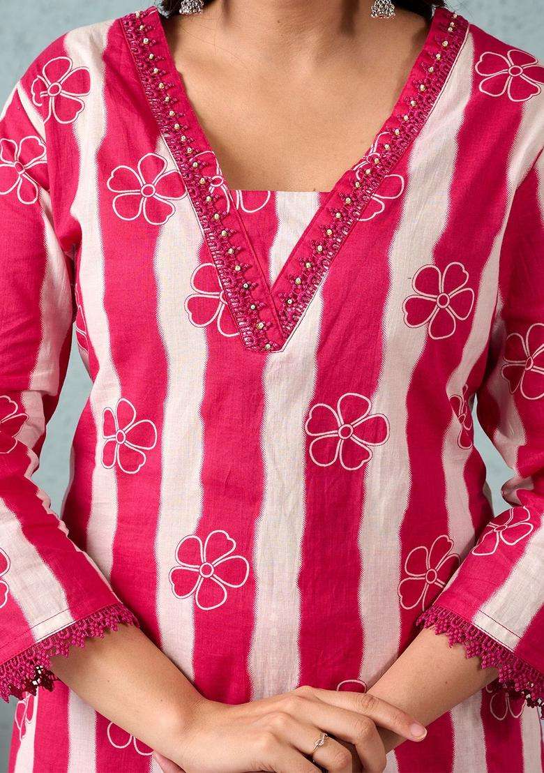 Pink Striped Cotton Kurta Set - Indya