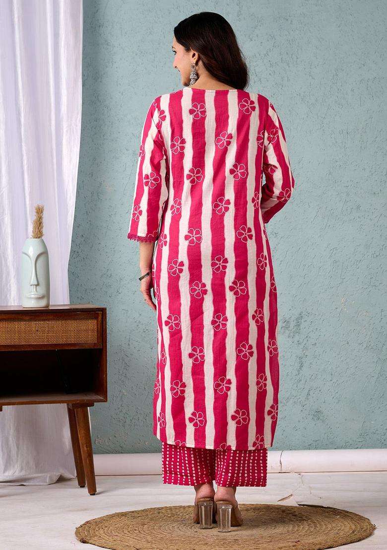 Pink Striped Cotton Kurta Set - Indya