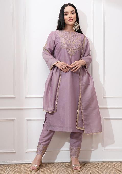 Lavender Embroidered Polyester Kurta Set — view on Indya