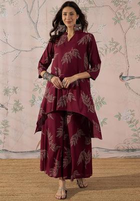 Maroon Printed Viscose Kurta Set
