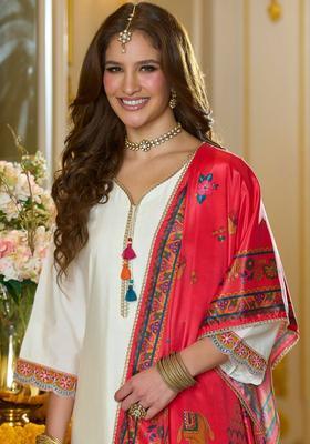 Off White Printed Silk Blend Kurta Set