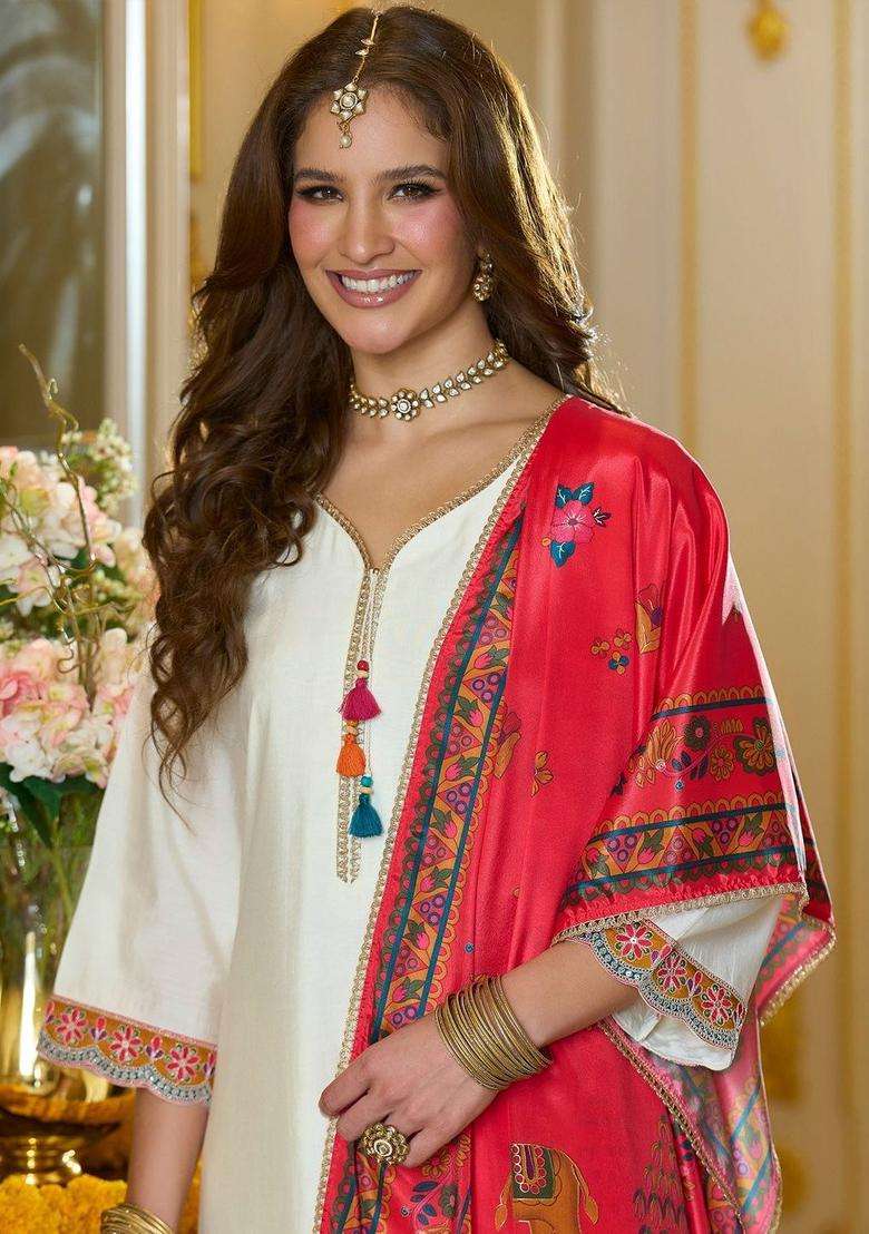 Off White Printed Silk Blend Kurta Set - Indya