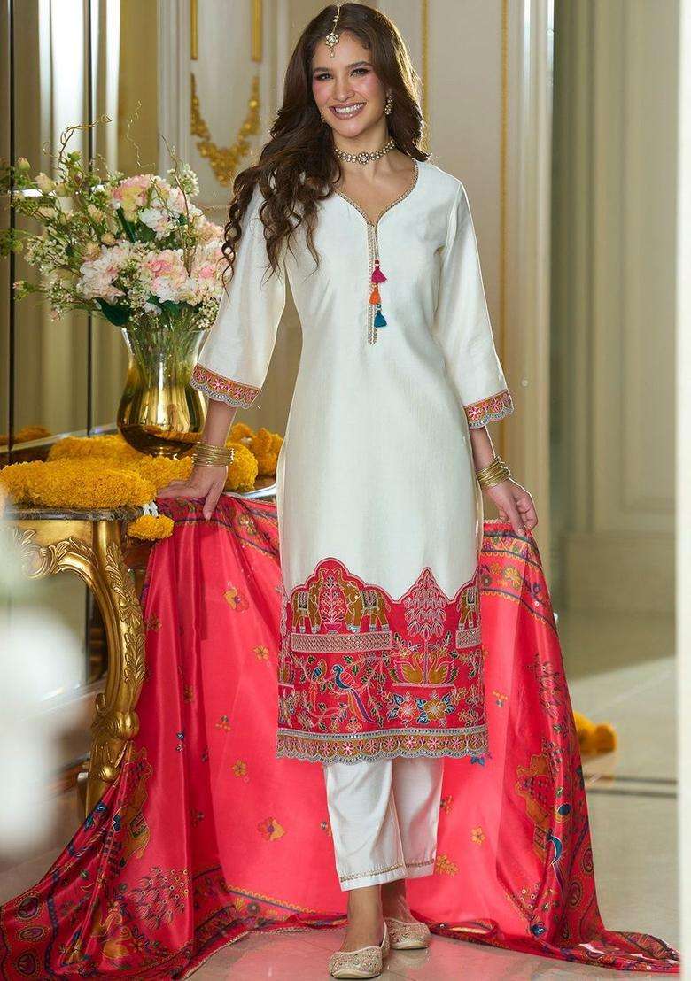 Off White Printed Silk Blend Kurta Set - Indya