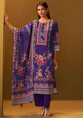 Purple Printed Chinon Kurta Set