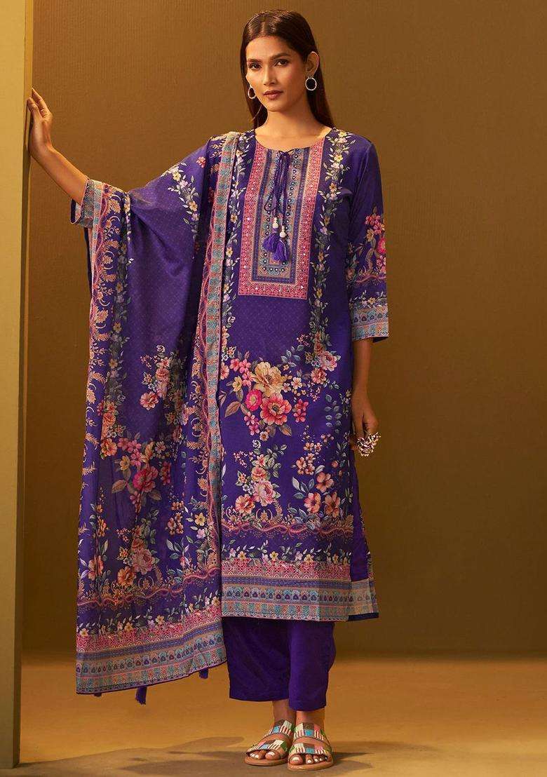 Purple Printed Chinon Kurta Set - Indya