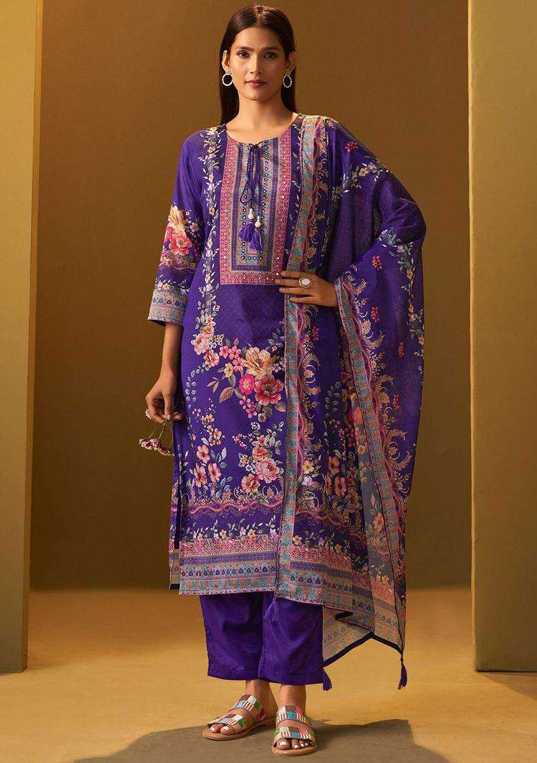 Purple Printed Chinon Kurta Set - Indya