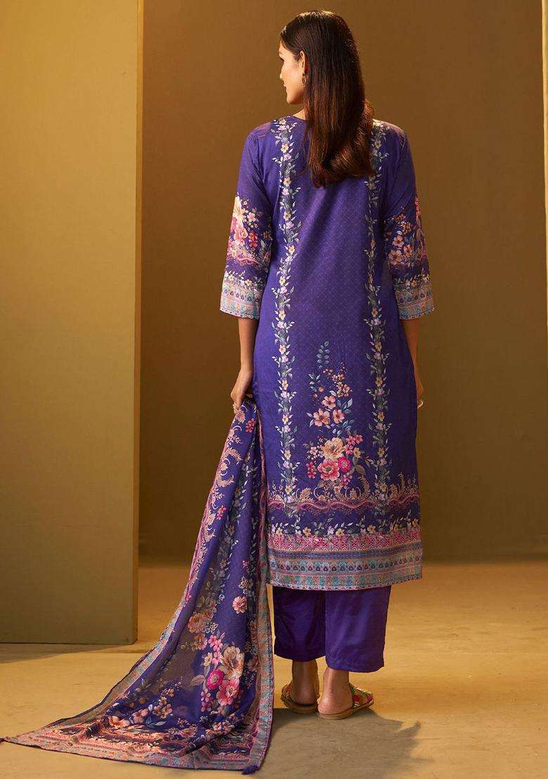 Purple Printed Chinon Kurta Set - Indya