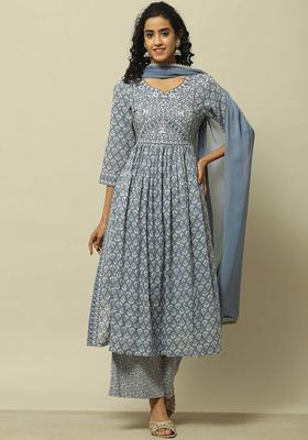 Grey Printed Cotton Kurta Set