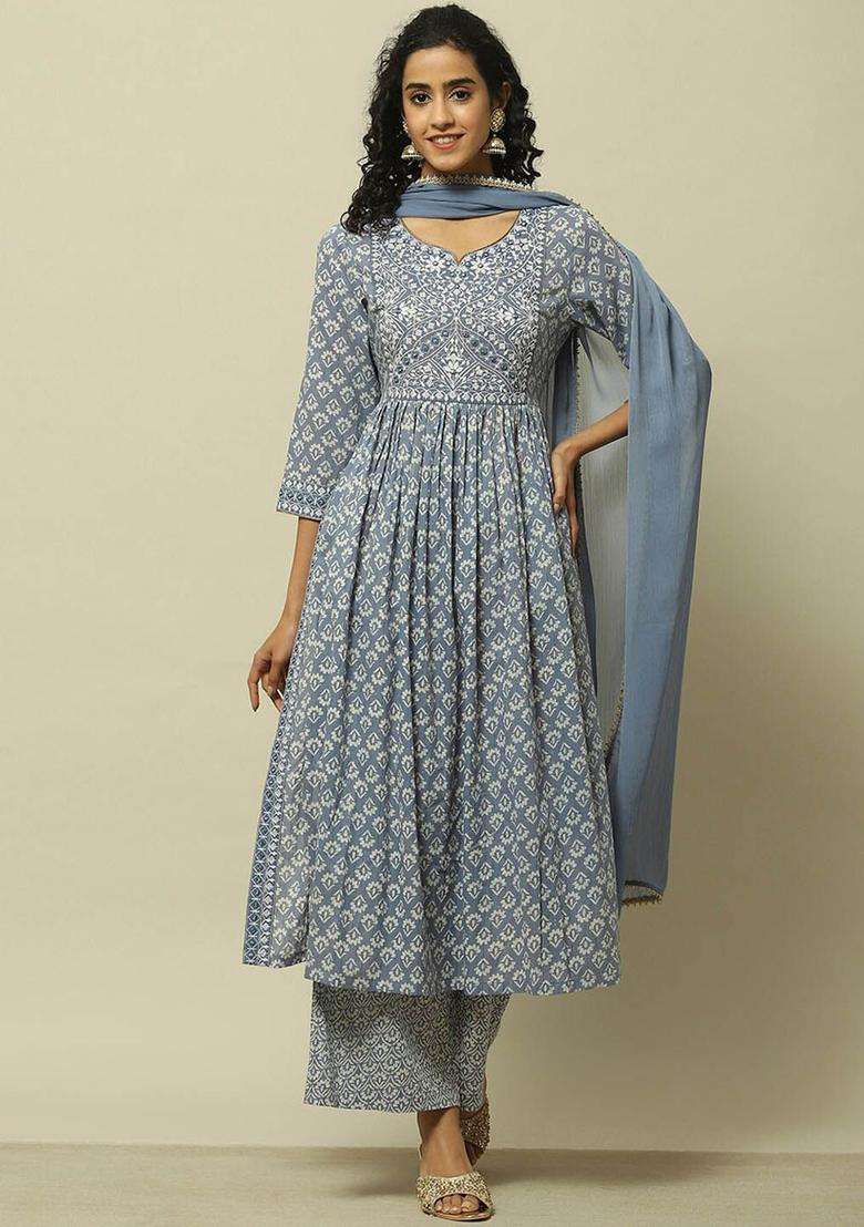 Grey Printed Cotton Kurta Set - Indya