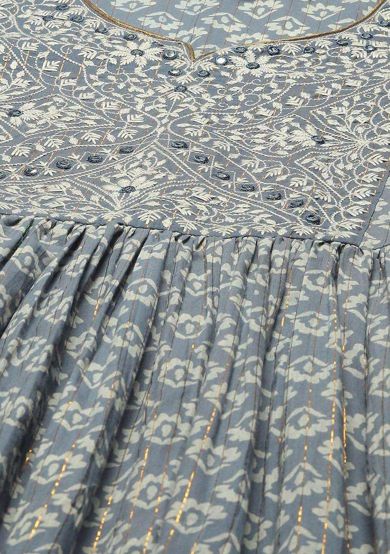 Grey Printed Cotton Kurta Set - Indya