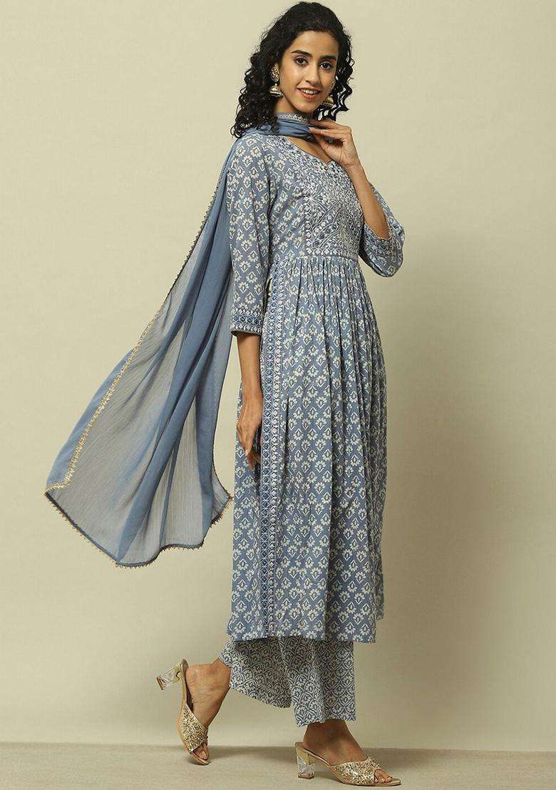 Grey Printed Cotton Kurta Set - Indya