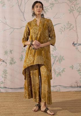 Yellow Printed Viscose Kurta Set