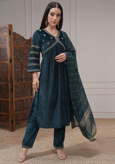 Teal Printed Polyester Kurta Set — view on Indya