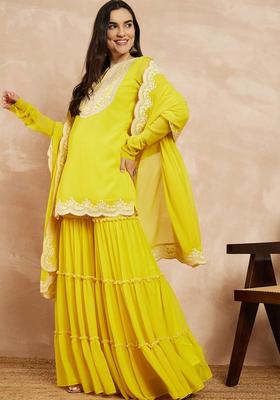 Yellow Embroidered Georgette Sharara Set