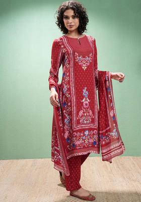 Red Printed Viscose Kurta Set