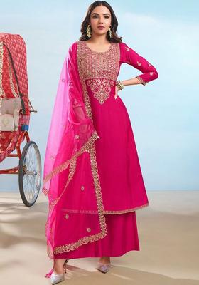 Fuchsia Embroidered Silk Kurta Set
