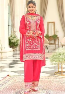 Red Embroidered Chinon Kurta Set