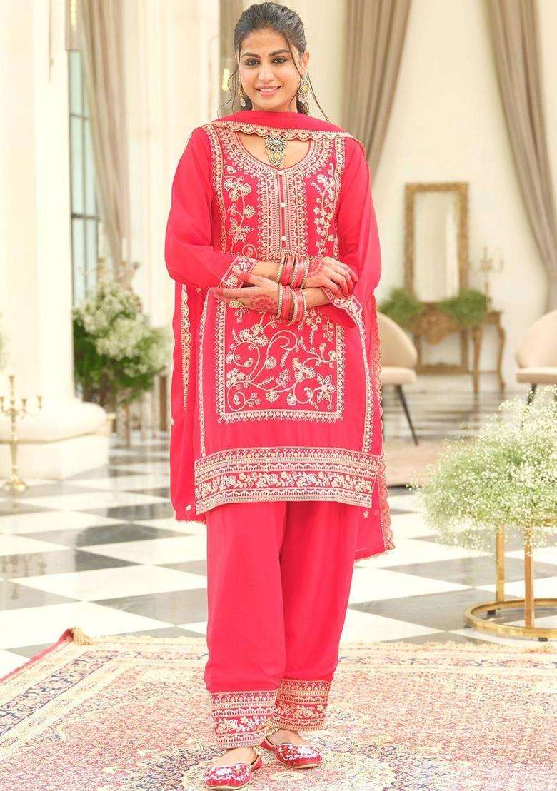 Red Embroidered Chinon Kurta Set - Indya