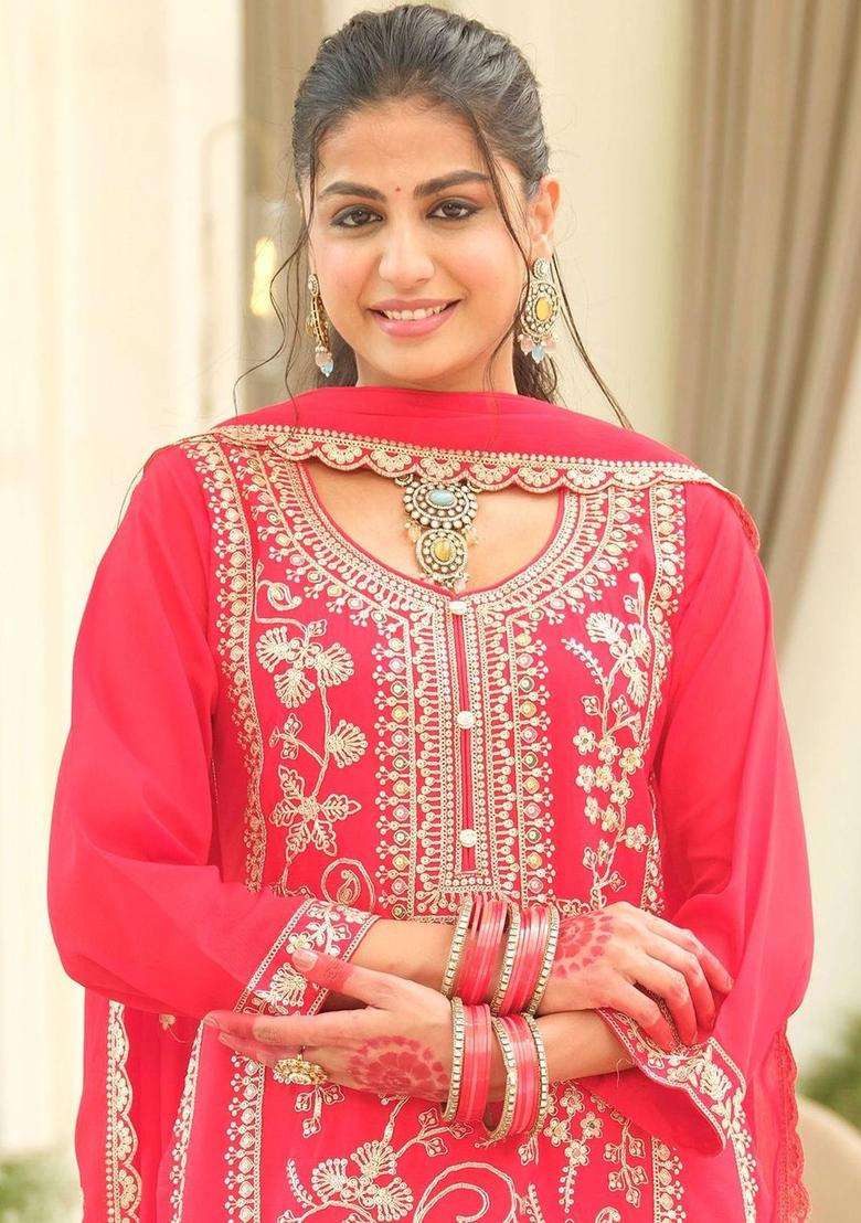 Red Embroidered Chinon Kurta Set - Indya