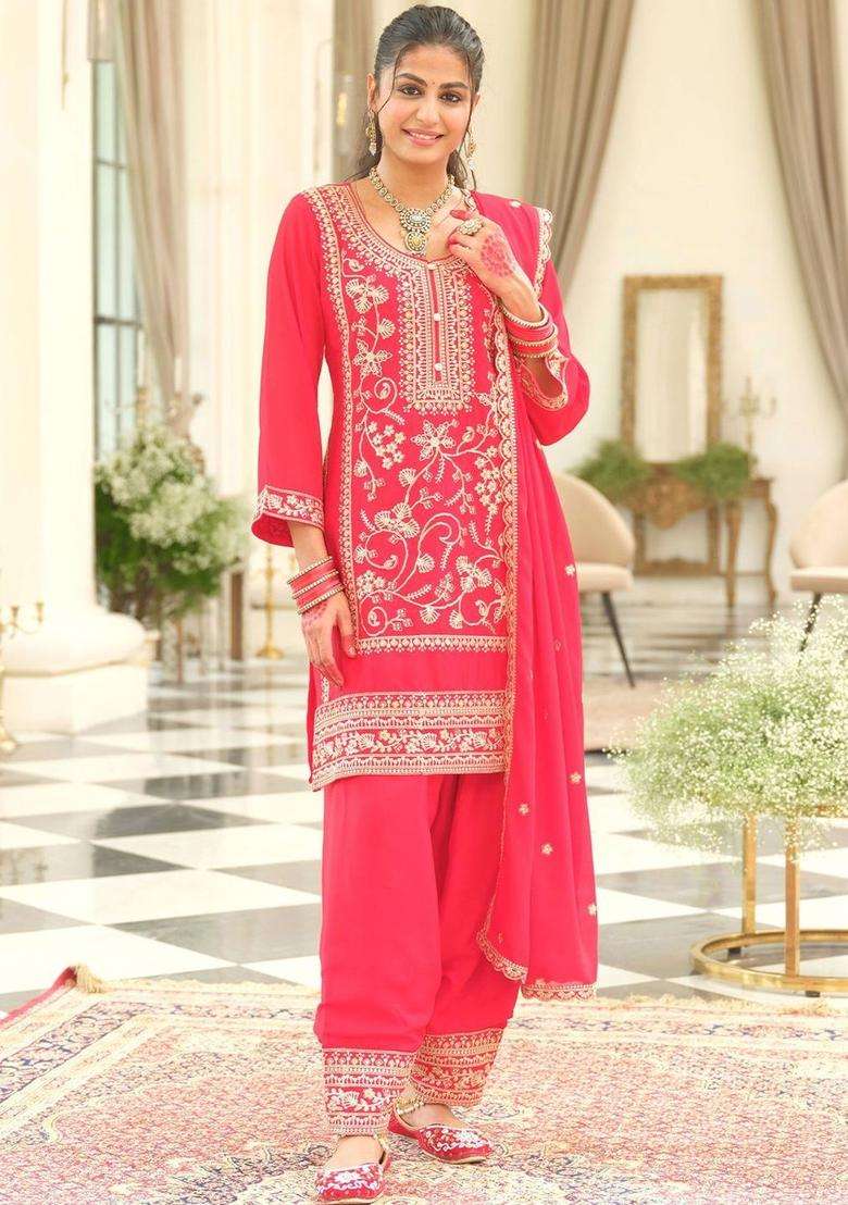 Red Embroidered Chinon Kurta Set - Indya