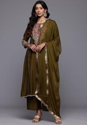 Olive Embroidered Silk Blend Kurta Set