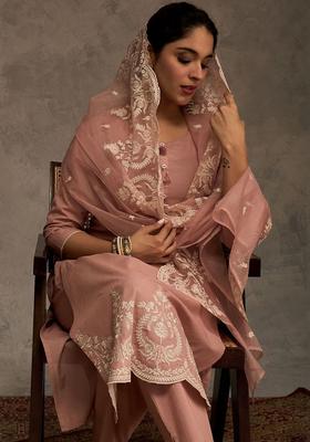 Peach Embroidered Cotton Kurta Set