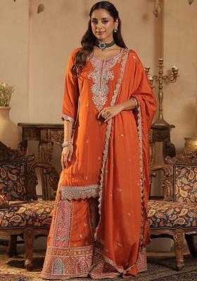 Orange Embroidered Chinon Kurta Set
