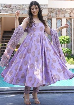 Purple Printed Viscose Kurta Set