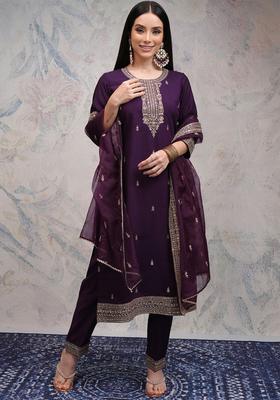 Purple Embroidered Polyester Kurta Set