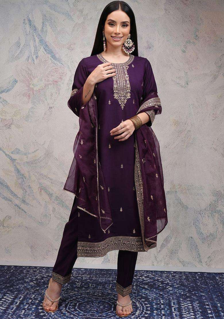 Purple Embroidered Polyester Kurta Set - Indya