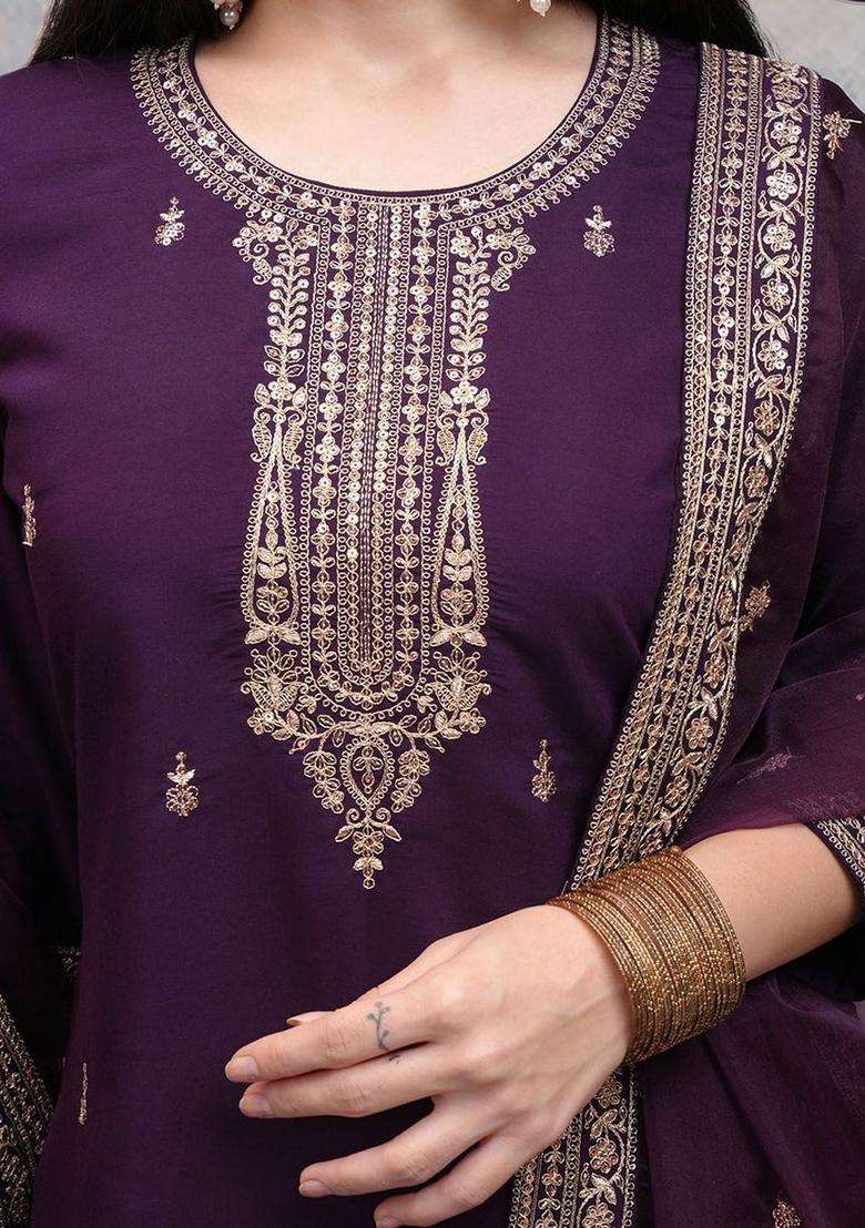 Purple Embroidered Polyester Kurta Set - Indya