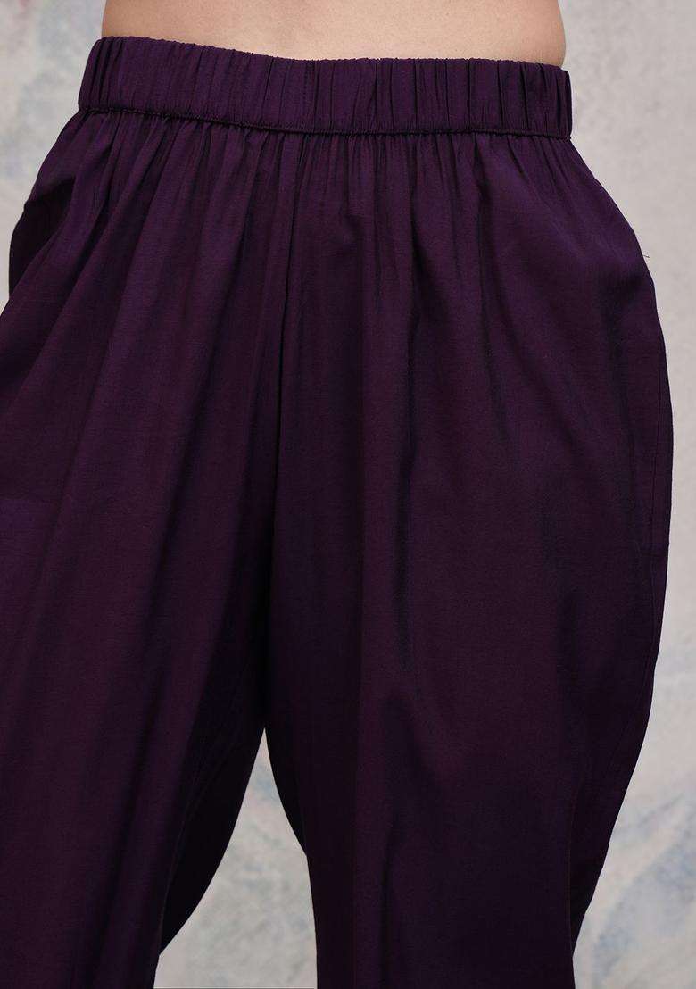 Purple Embroidered Polyester Kurta Set - Indya