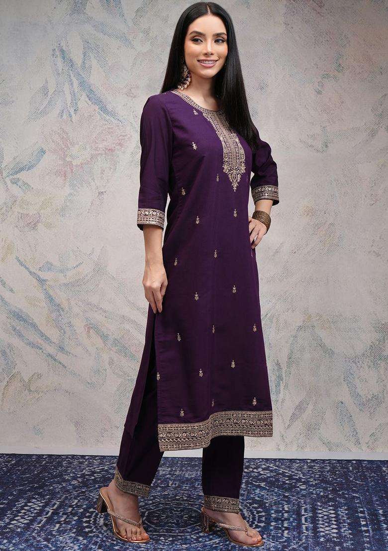 Purple Embroidered Polyester Kurta Set - Indya