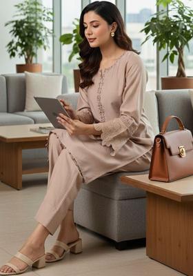 Beige Embroidered Silk Kurta Set