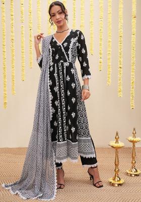 Black Embroidered Cotton Anarkali Set