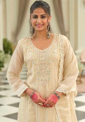 Beige Embroidered Silk Kurta Set