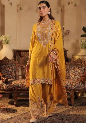 Mustard Embroidered Chinon Kurta Set