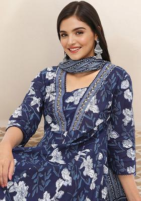 Navy Blue Printed Cotton Kurta Set
