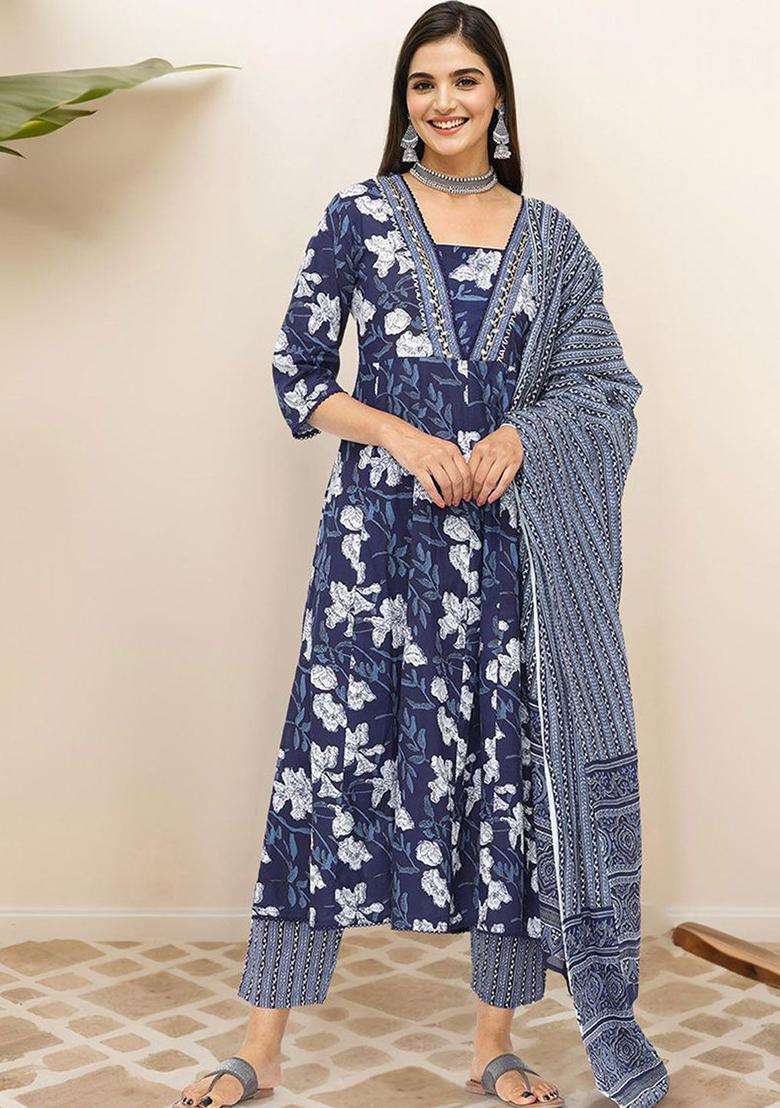 Navy Blue Printed Cotton Kurta Set - Indya