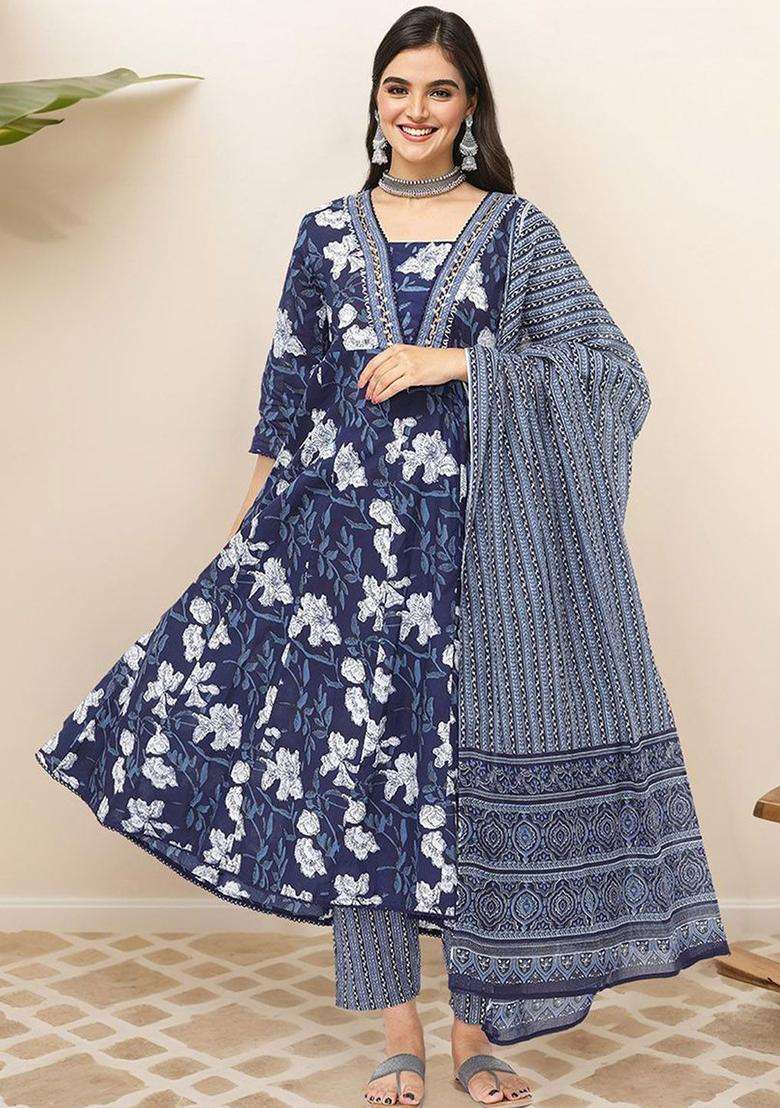 Navy Blue Printed Cotton Kurta Set - Indya